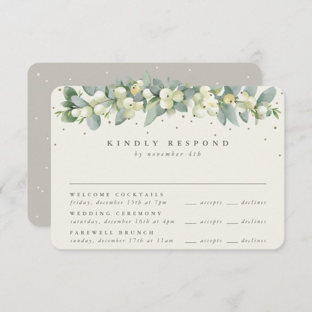Greige Snowberry+Eucalyptus Wedding Multi-Event RSVP Card (Front/Back)