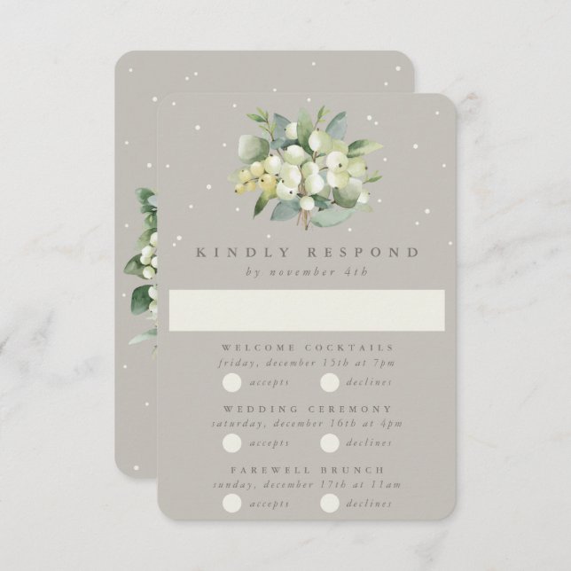 Greige Snowberry+Eucalyptus Wedding Multi-Event RSVP Card (Front/Back)