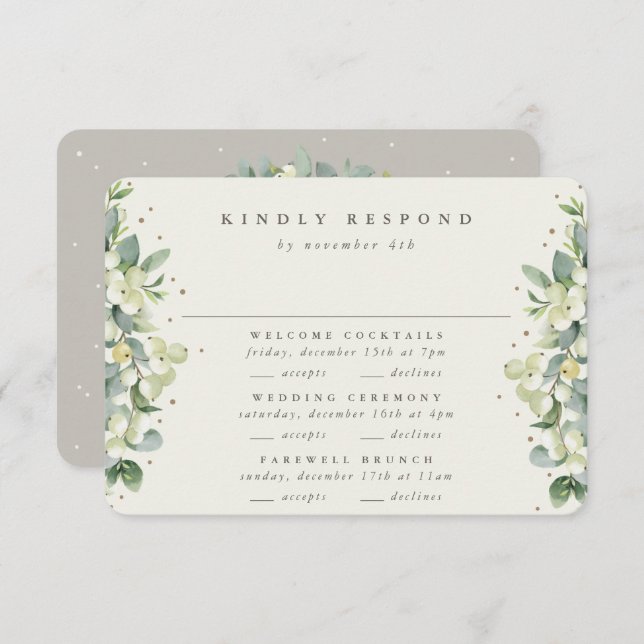 Greige Snowberry+Eucalyptus Wedding Multi-Event RSVP Card (Front/Back)
