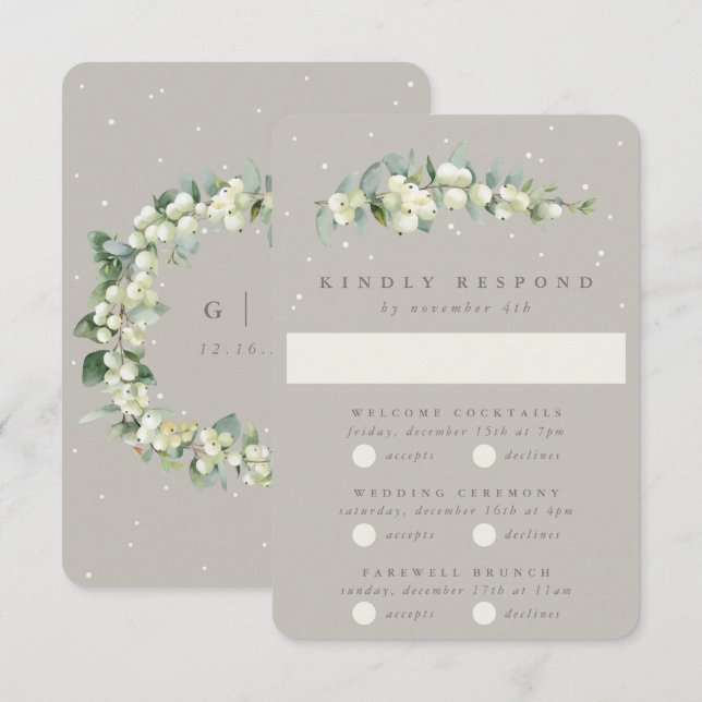 Greige Snowberry+Eucalyptus Wedding Multi-Event RSVP Card (Front/Back)