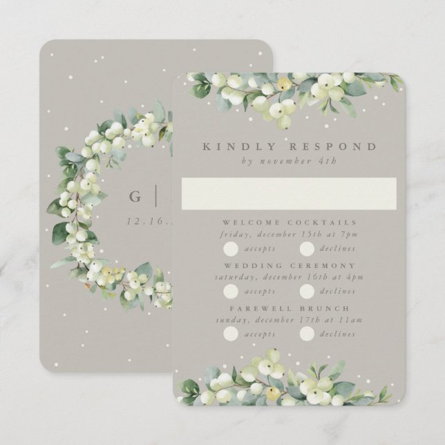 Greige Snowberry+Eucalyptus Wedding Multi-Event RSVP Card (Front/Back)