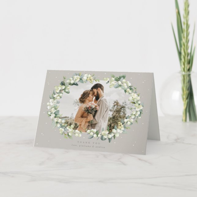 Greige Snowberry+Eucalyptus Wedding Photo Thank You Card (Front)