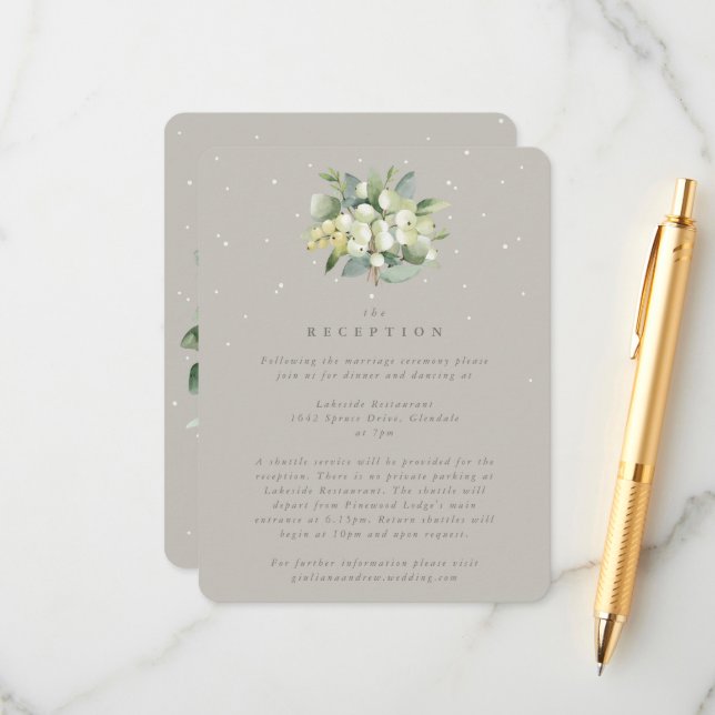 Greige Snowberry+Eucalyptus Wedding Reception Enclosure Card (Front/Back In Situ)