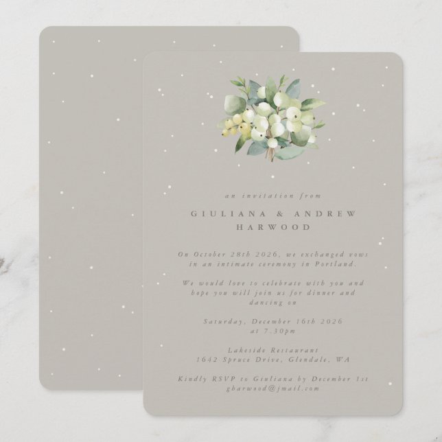 Greige Snowberry+Eucalyptus Wedding Reception Invitation (Front/Back)