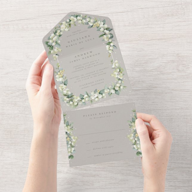 Greige Snowberry+Eucalyptus Wedding Reception Only All In One Invitation (Tearaway)