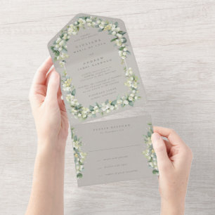 Greige Snowberry+Eucalyptus Wedding Reception Only All In One Invitation