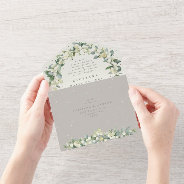 Greige Snowberry+Eucalyptus Wedding Reception Only All In One Invitation (Opening)