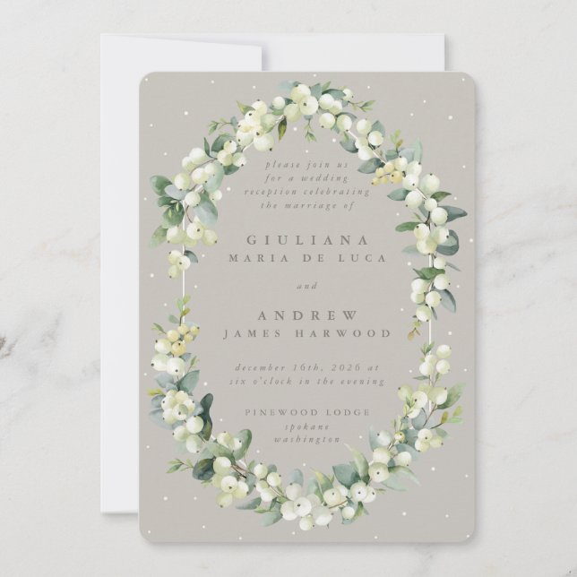 Greige Snowberry+Eucalyptus Wedding Reception Only Invitation (Front)
