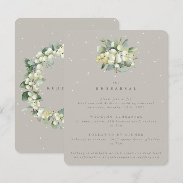 Greige Snowberry+Eucalyptus Wedding Rehearsal Enclosure Card (Front/Back)