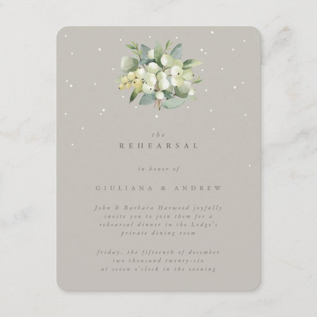 Greige Snowberry+Eucalyptus Wedding Rehearsal Enclosure Card (Front)