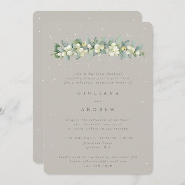 Greige Snowberry+Eucalyptus Wedding Rehearsal Invitation (Front/Back)