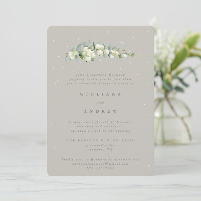 Greige Snowberry+Eucalyptus Wedding Rehearsal Invitation (Standing Front)