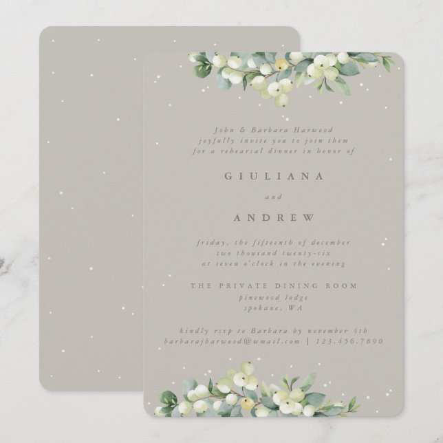 Greige Snowberry+Eucalyptus Wedding Rehearsal Invitation (Front/Back)
