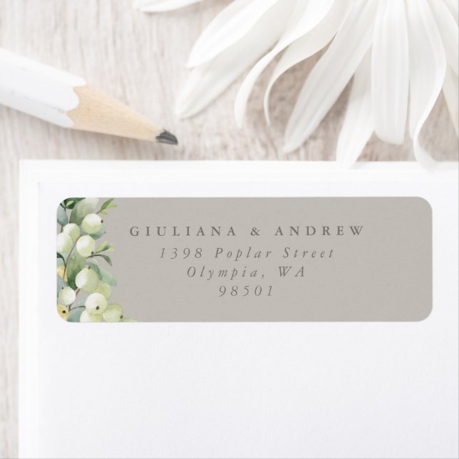 Greige Snowberry+Eucalyptus Wedding Return Address (Insitu)