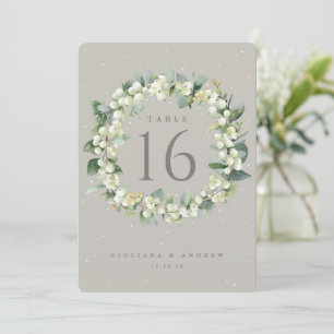 Greige Snowberry+Eucalyptus Wedding Table Number