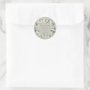 Greige Snowberry+Eucalyptus Wedding Thank You Classic Round Sticker