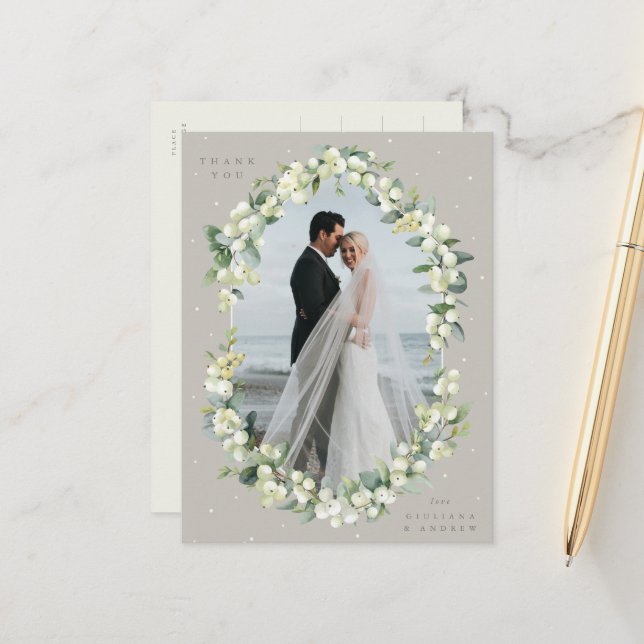 Greige Snowberry+Eucalyptus Wedding Thank You Postcard (Front/Back In Situ)