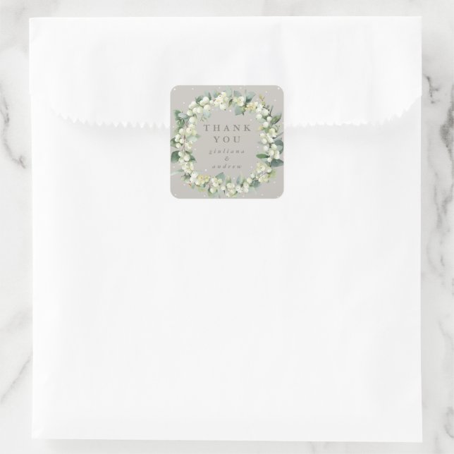 Greige Snowberry+Eucalyptus Wedding Thank You Square Sticker (Bag)
