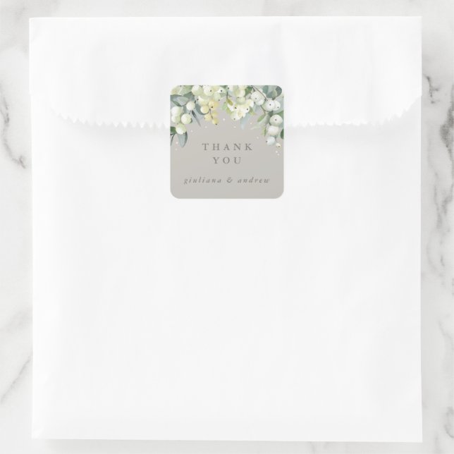 Greige Snowberry+Eucalyptus Wedding Thank You Square Sticker (Bag)