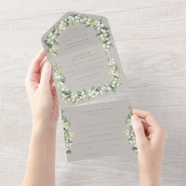 Greige Snowberry+Eucalyptus Winter Wedding All In One Invitation (Tearaway)