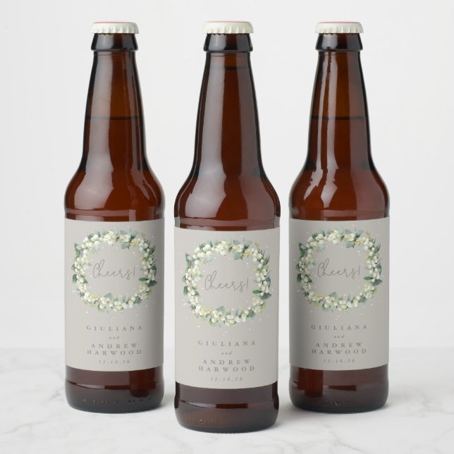 Greige Snowberry+Eucalyptus Winter Wedding Beer Bottle Label (Bottles)
