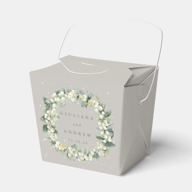 Greige Snowberry+Eucalyptus Winter Wedding Favour Box (Front Side)