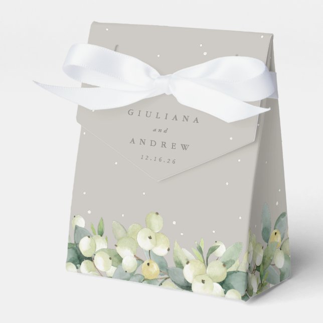 Greige Snowberry+Eucalyptus Winter Wedding Favour Box (Front Side)