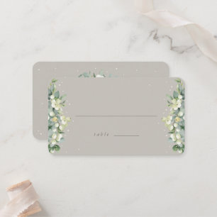 Greige Snowberry+Eucalyptus Winter Wedding Flat Place Card