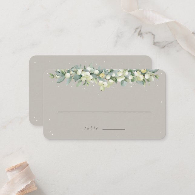 Greige Snowberry+Eucalyptus Winter Wedding Flat Place Card (Front/Back In Situ)