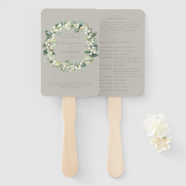 Greige Snowberry+Eucalyptus Winter Wedding Hand Fan (Front and Back)