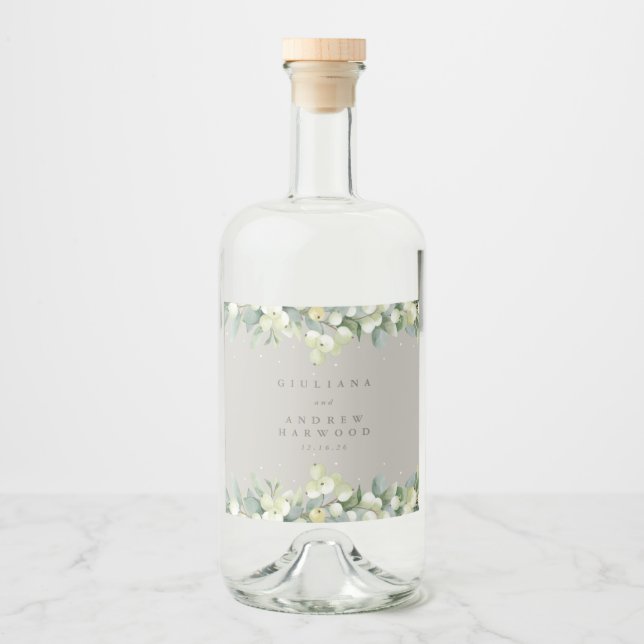 Greige Snowberry+Eucalyptus Winter Wedding Liquor Bottle Label (Front)