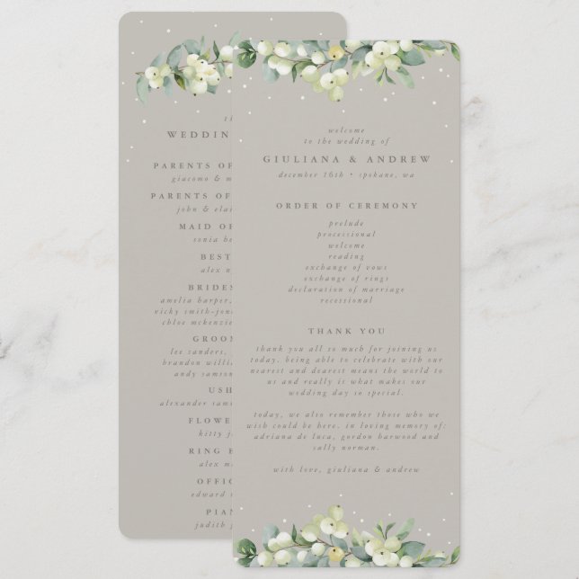 Greige Snowberry+Eucalyptus Winter Wedding Programme (Front/Back)
