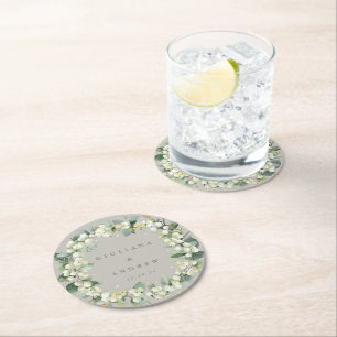 Greige Snowberry+Eucalyptus Winter Wedding Round Paper Coaster