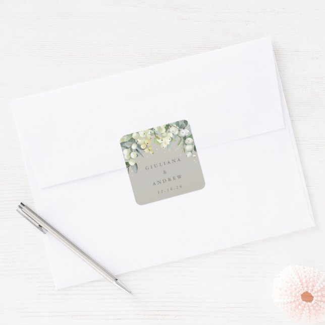 Greige Snowberry+Eucalyptus Winter Wedding Square Sticker (Envelope)