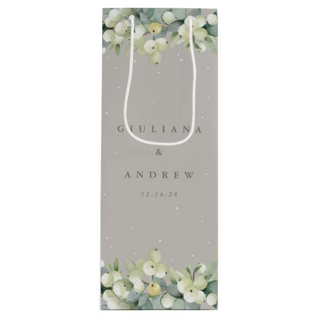 Greige Snowberry+Eucalyptus Winter Wedding Wine Gift Bag (Front)
