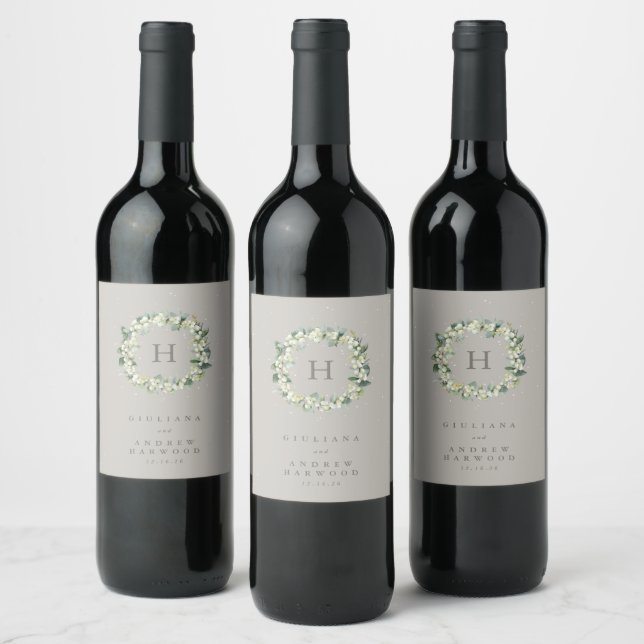 Greige Snowberry+Eucalyptus Winter Wedding Wine Label (Bottles)