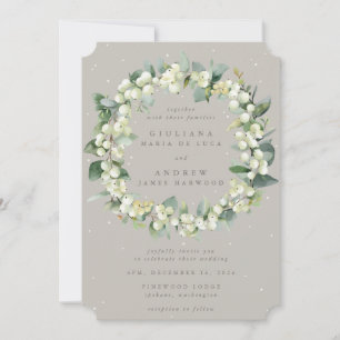Greige Snowberry+Eucalyptus Wreath Winter Wedding Invitation