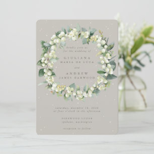 Greige Snowberry+Eucalyptus Wreath Winter Wedding Invitation
