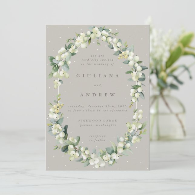 Greige/Taupe Snowberry+Eucalyptus Winter Wedding Invitation (Standing Front)