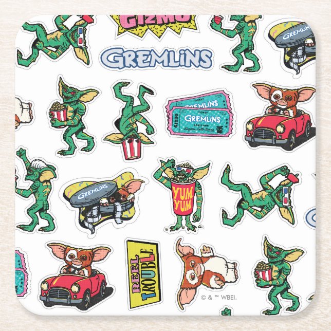 Gremlins™ Sticker Fun Pattern Square Paper Coaster (Front)