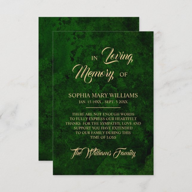 Grenery & Gold Sympathy Memory Thank You Card (Front/Back)