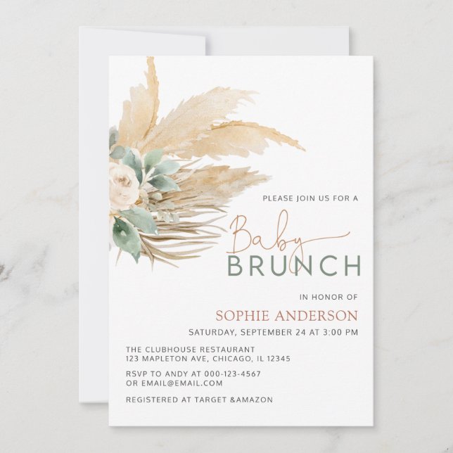 Grennery Boho Pampas Grass Baby Brunch Baby Shower Invitation (Front)