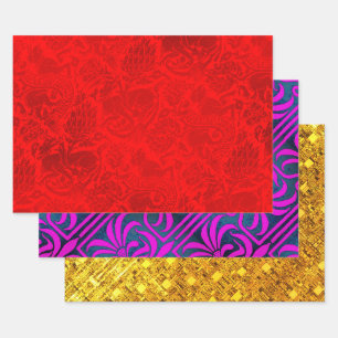 Grenoble Red,, Nouveau and Gold Shimmer Sampler Wrapping Paper Sheet