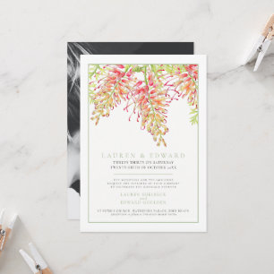 Grevillea botanical watercolor wedding green photo invitation