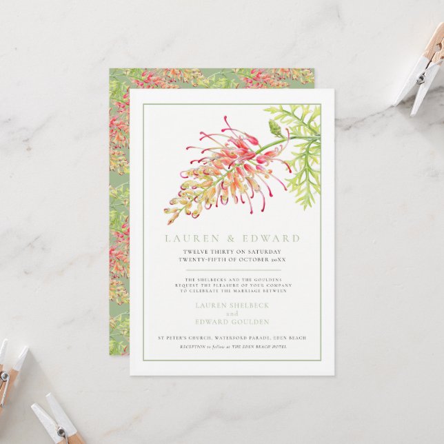 Grevillea flower watercolor wedding green white invitation (Front/Back In Situ)