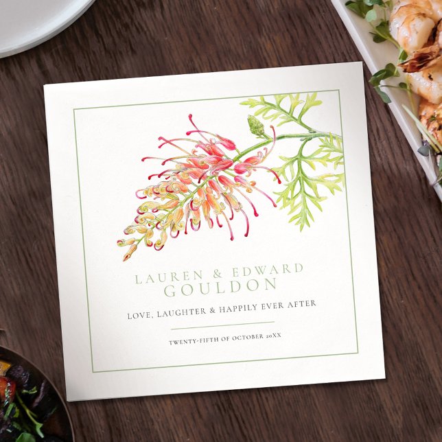 Grevillea flower watercolor wedding green white napkin (Creator Uploaded)