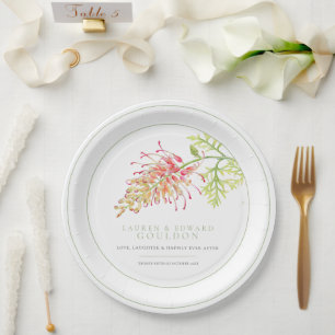 Grevillea flower watercolor wedding green white paper plate