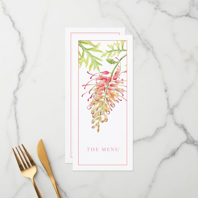 Grevillea watercolor floral wedding menu (Front/Back In Situ)
