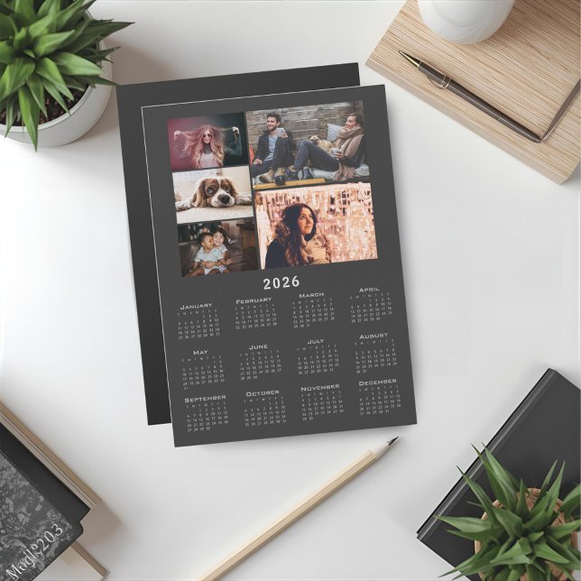 Grey 2026 Calendar 5 Photo Collage Magnet Card (Creator Uploaded)