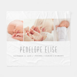 Grey 3 Photo Collage Baby Birth Details  Fleece Blanket